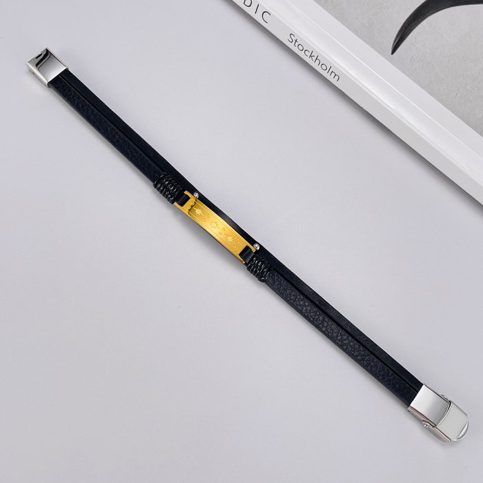 Bratara dubla inox si piele cu placuta aurie [5]