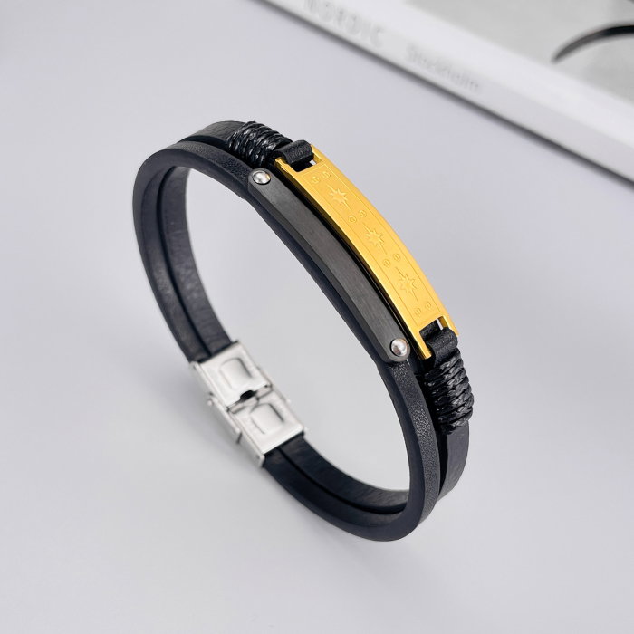 Bratara dubla inox si piele cu placuta aurie [7]