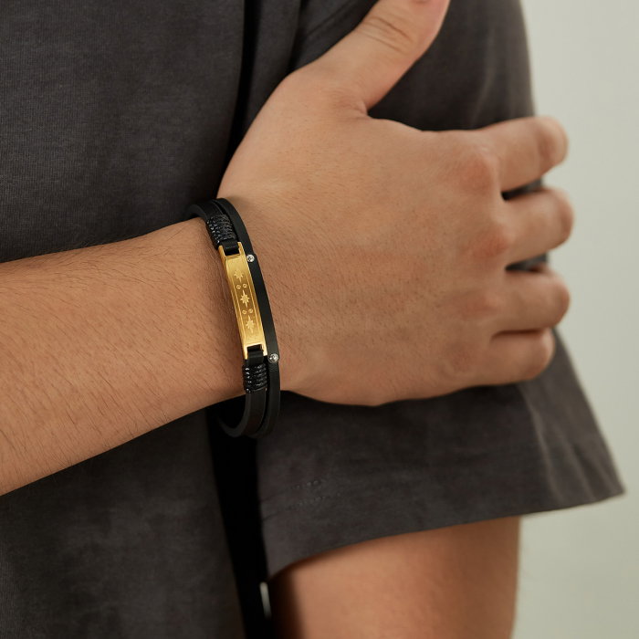 Bratara dubla inox si piele cu placuta aurie [4]