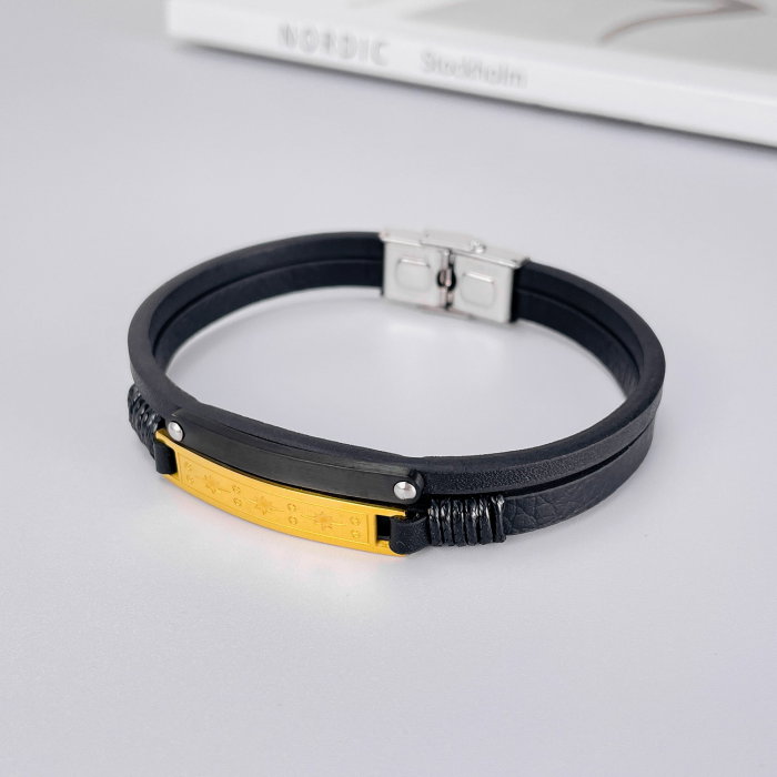 Bratara dubla inox si piele cu placuta aurie [13]