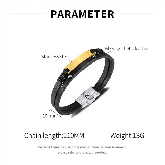 Bratara dubla inox si piele cu placuta aurie [9]