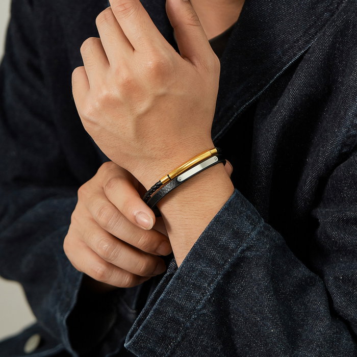 Bratara dubla inox si piele impletita [4]