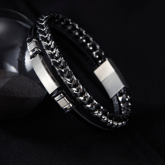 Bratara dubla inox si piele impletita [14]