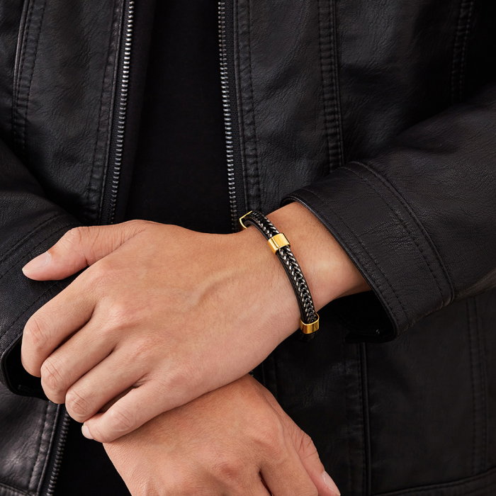 Bratara dubla inox si piele impletita [2]