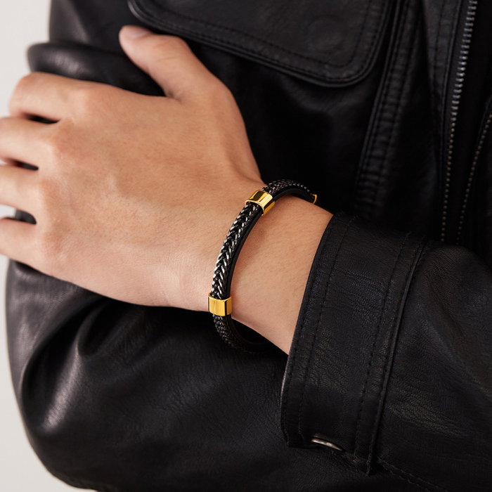 Bratara dubla inox si piele impletita [4]