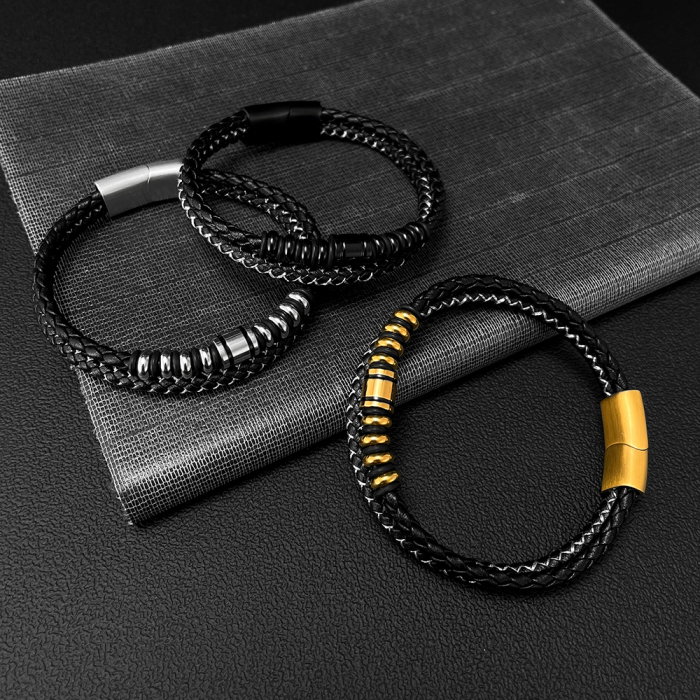 Bratara dubla inox si piele impletita [7]