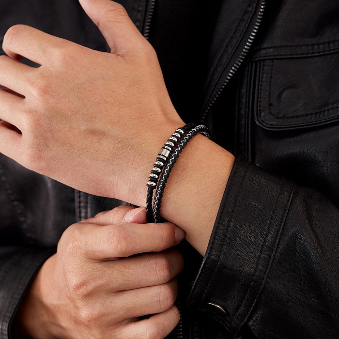 Bratara dubla inox si piele impletita [4]