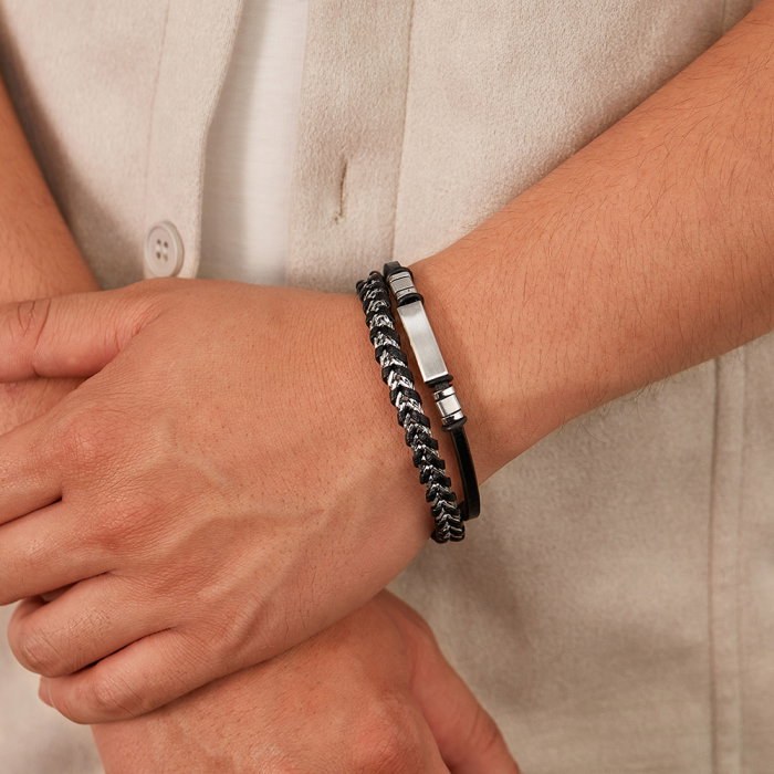 Bratara dubla inox si piele impletita [7]