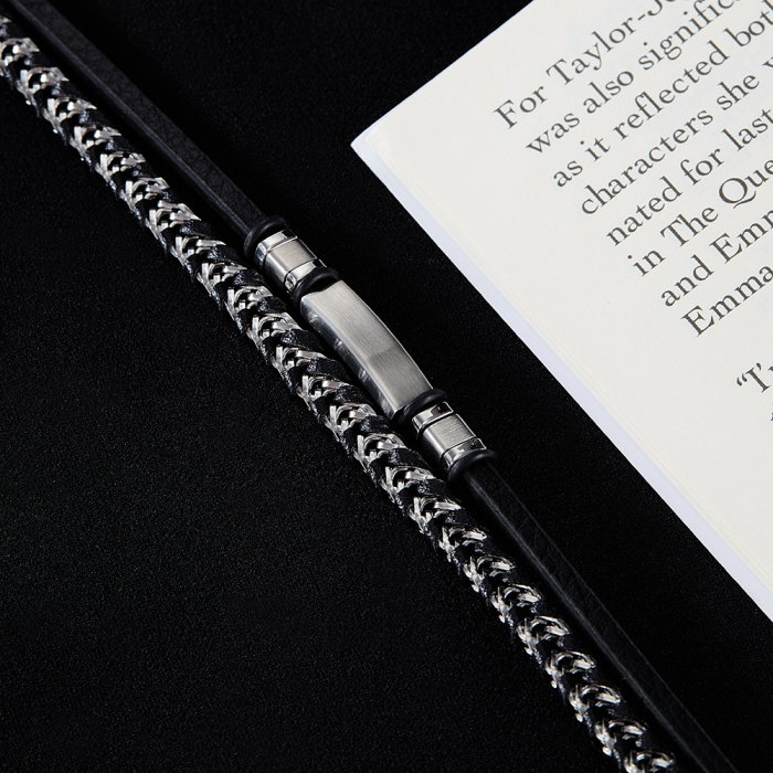 Bratara dubla inox si piele impletita [4]