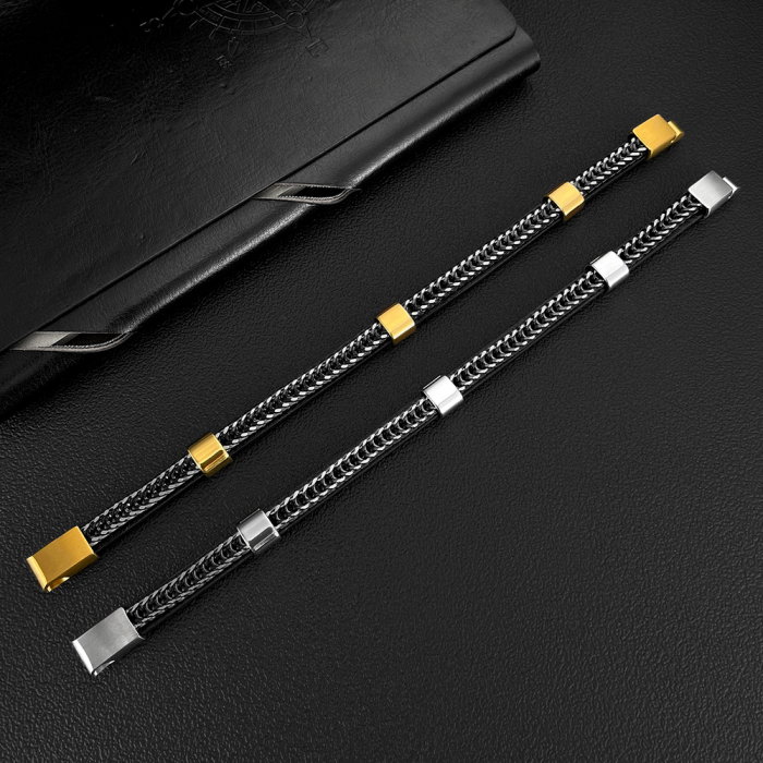 Bratara dubla inox si piele impletita [9]