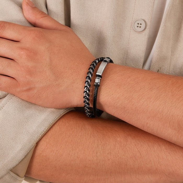 Bratara dubla inox si piele impletita [13]