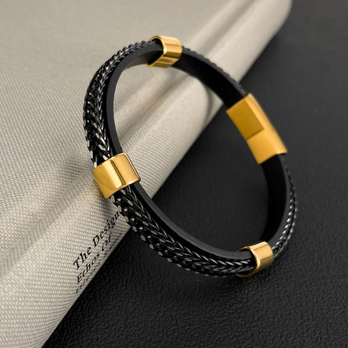 Bratara dubla inox si piele impletita [3]