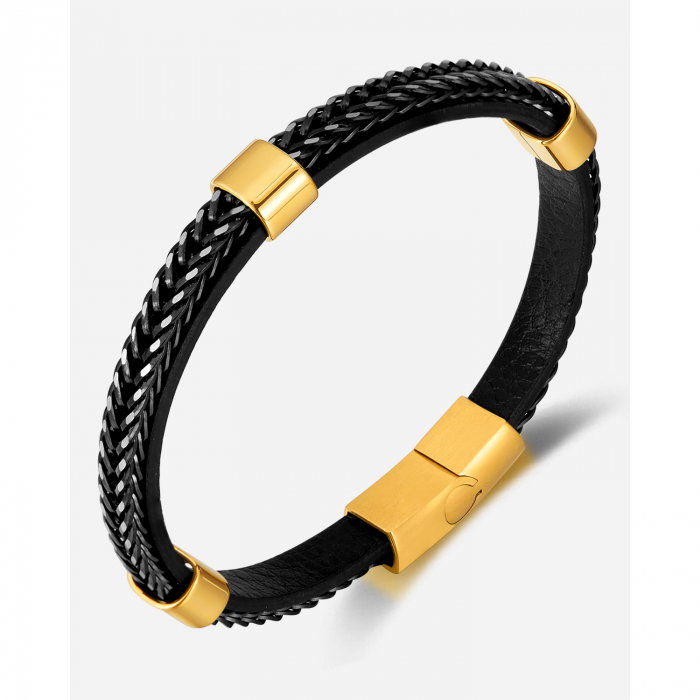 Bratara dubla inox si piele impletita [10]