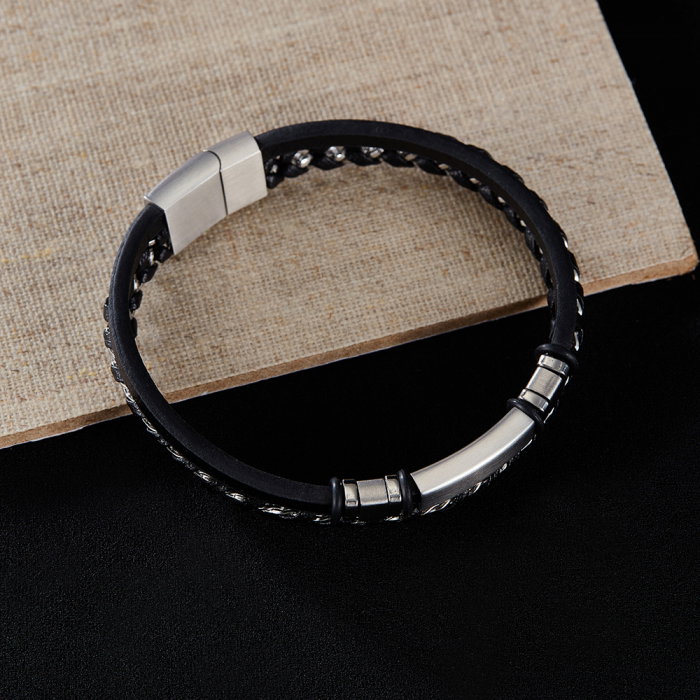 Bratara dubla inox si piele impletita [6]