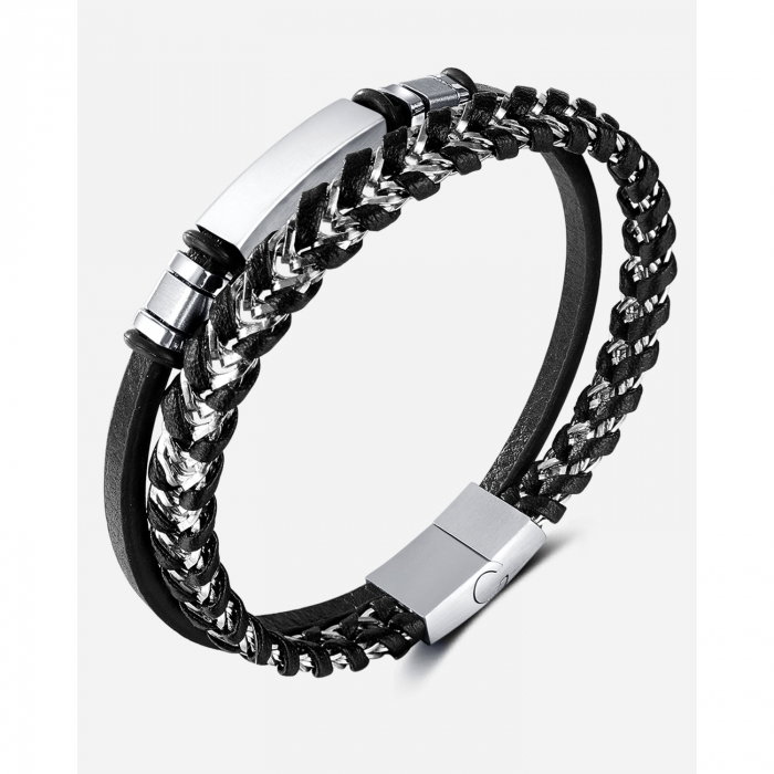 Bratara dubla inox si piele impletita [15]