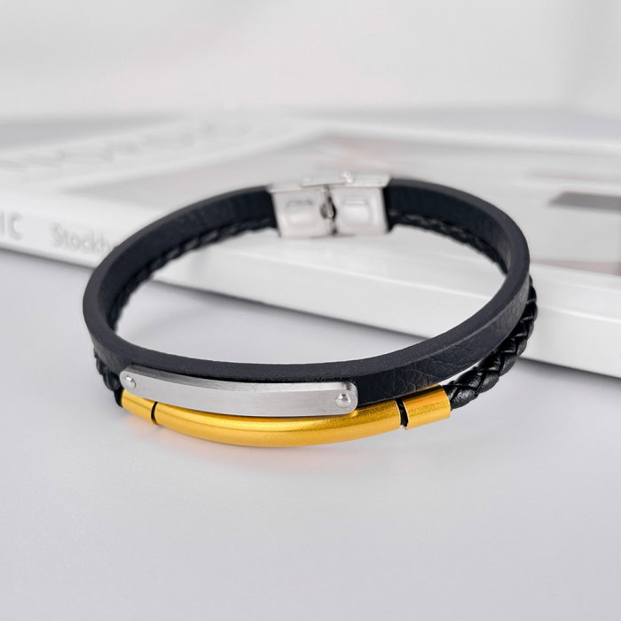 Bratara dubla inox si piele impletita [5]