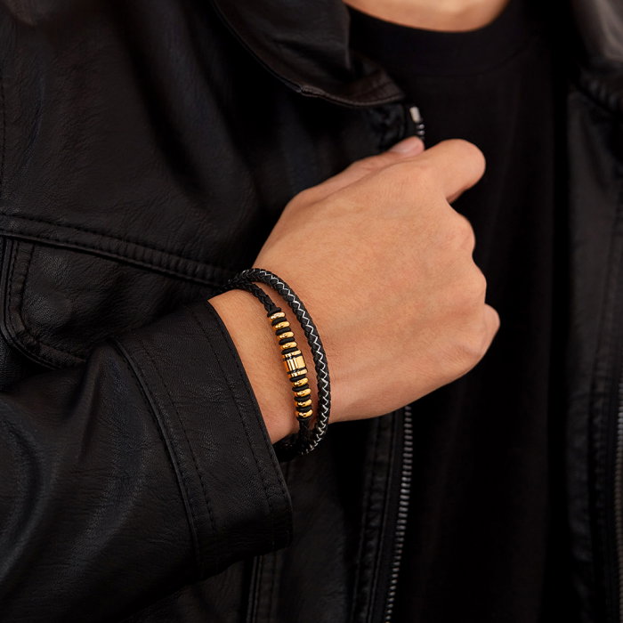 Bratara dubla inox si piele impletita [2]