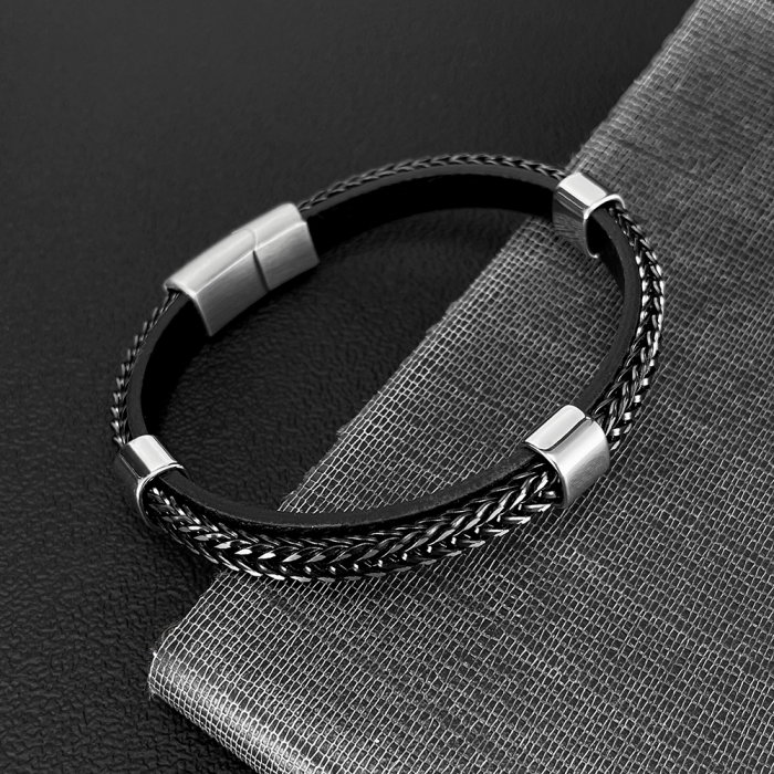 Bratara dubla inox si piele impletita [5]