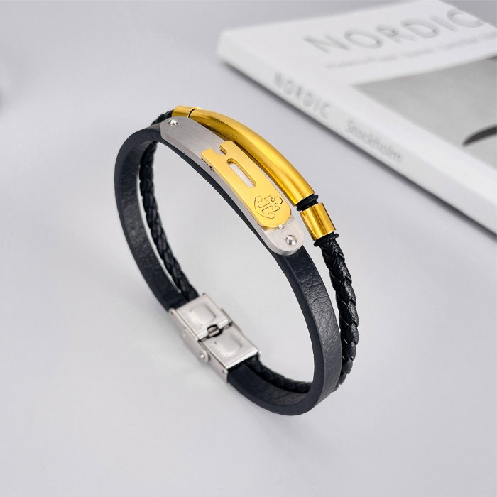 Bratara dubla inox si piele impletita cu ancora [13]