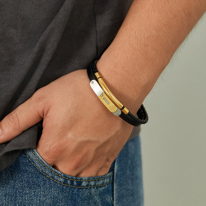 Bratara dubla inox si piele impletita cu ancora [7]