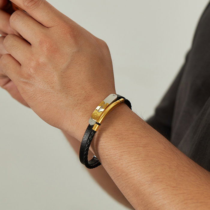 Bratara dubla inox si piele impletita cu ancora [4]