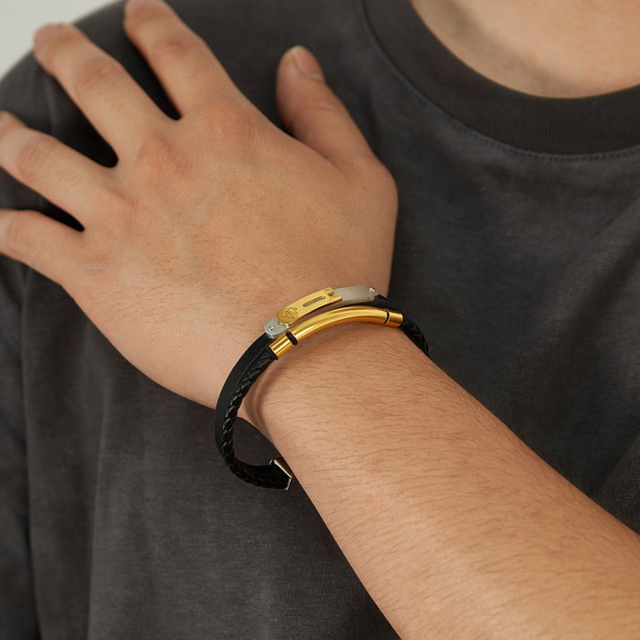 Bratara dubla inox si piele impletita cu ancora [2]