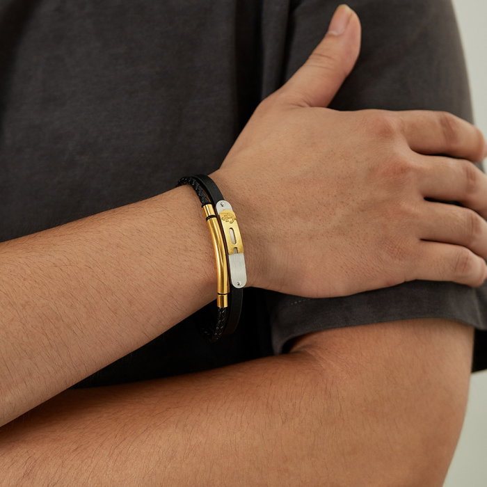 Bratara dubla inox si piele impletita cu ancora [6]