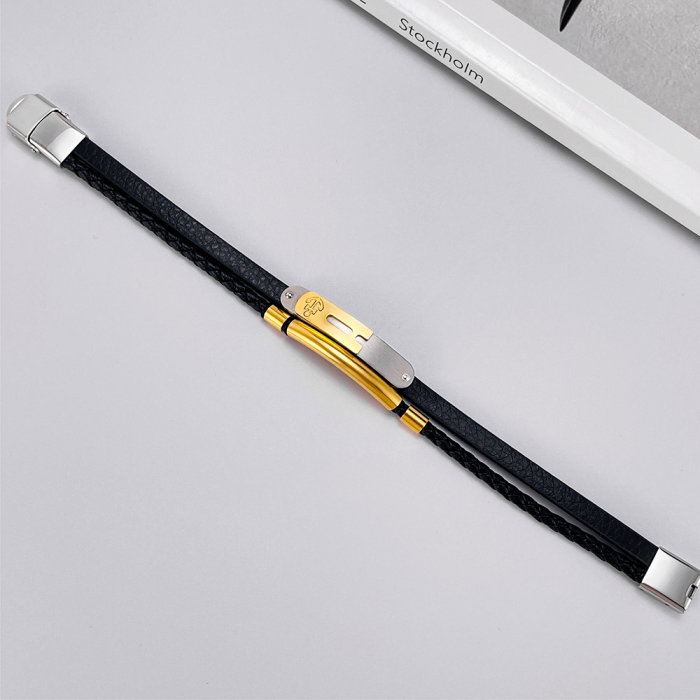 Bratara dubla inox si piele impletita cu ancora [3]