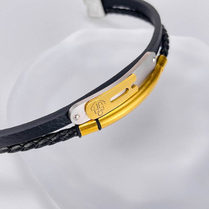 Bratara dubla inox si piele impletita cu ancora [5]