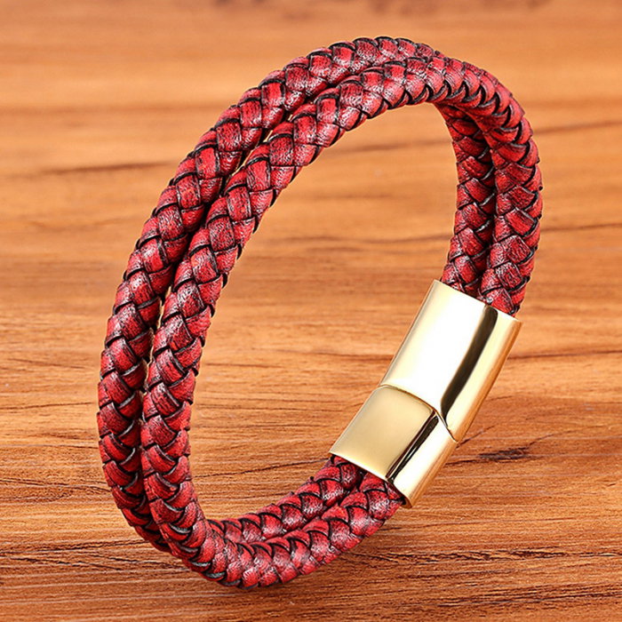 Bratara rosie dubla din piele naturala si inox [2]