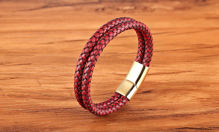 Bratara rosie dubla din piele naturala si inox [3]