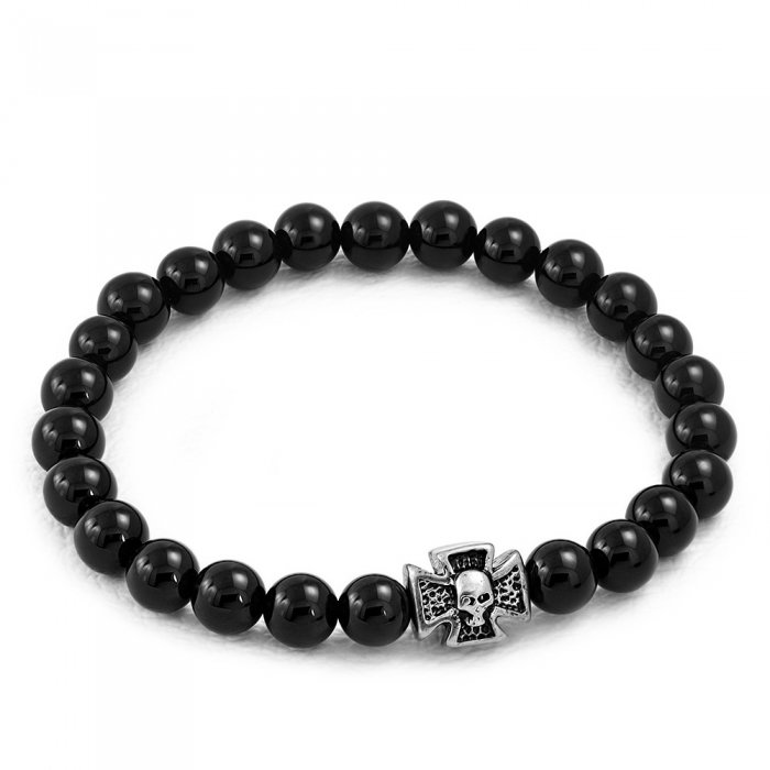 Bratara elastica cu agate negre si charm din inox cu cruce si craniu [1]