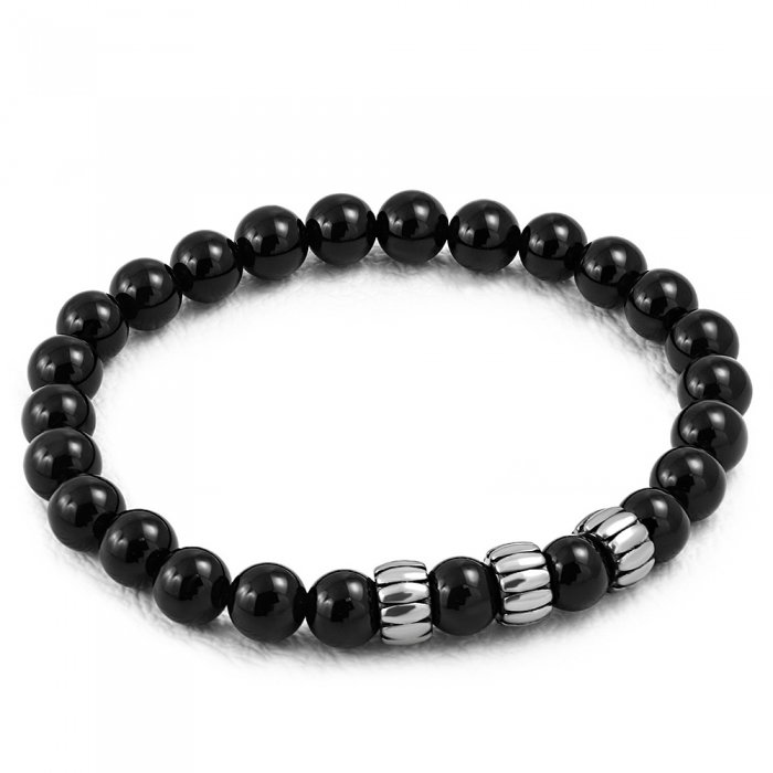 Bratara elastica cu agate negre si trei charmuri din inox [1]