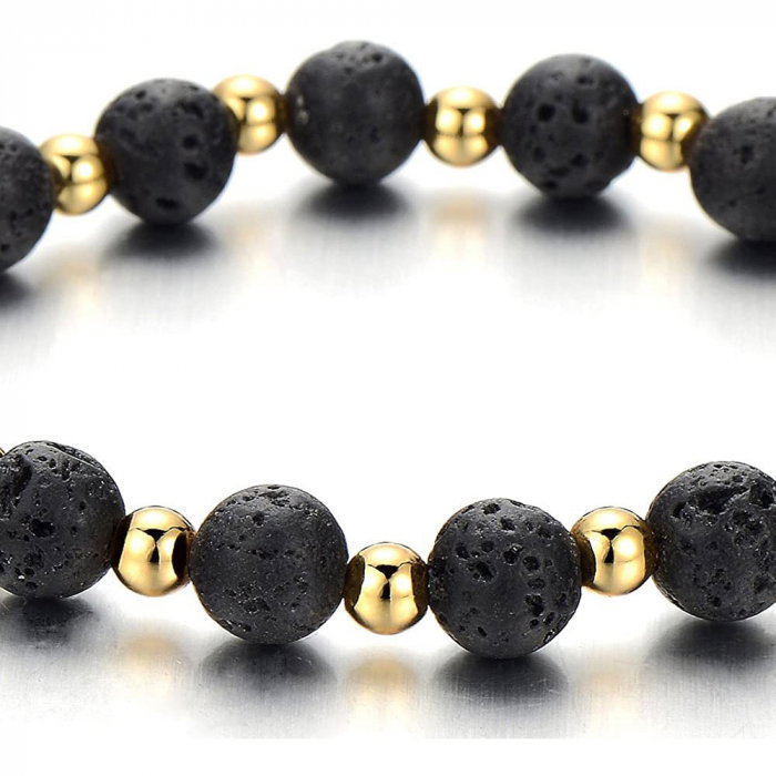 Bratara elastica cu lava vulcanica si margele aurii BLA102 [3]