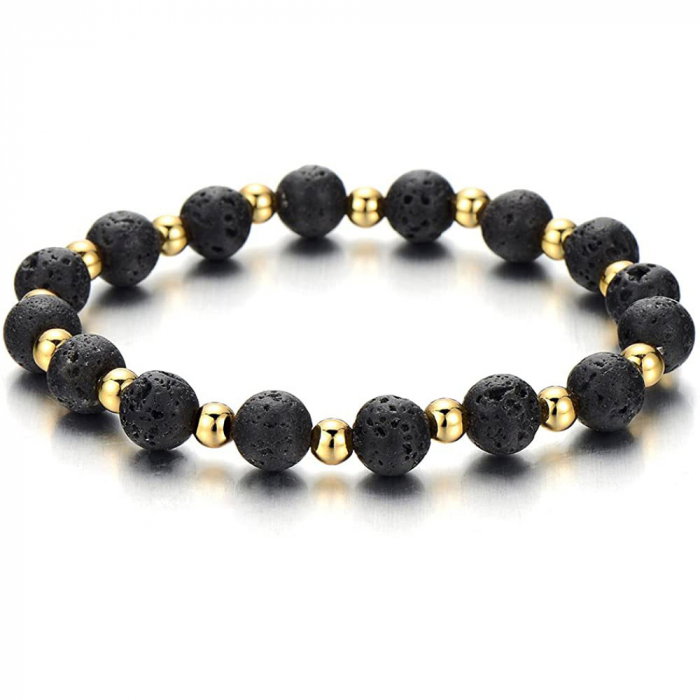 Bratara elastica cu lava vulcanica si margele aurii BLA102 [1]