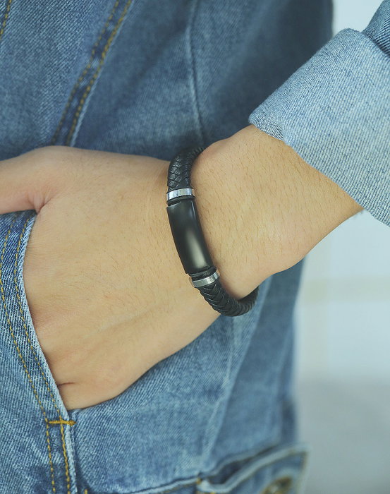 Bratara eleganta din inox si piele neagra [8]