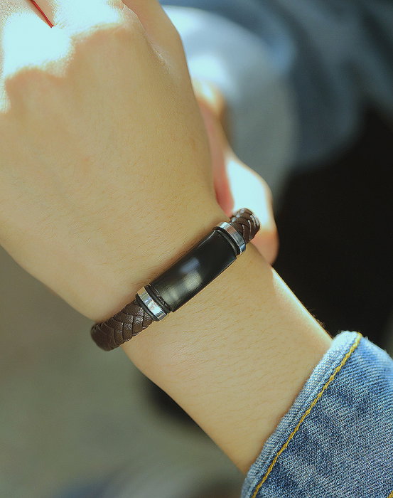 Bratara eleganta din inox si piele neagra [4]