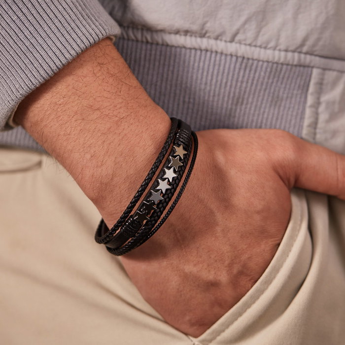 Bratara extensibila inox si piele impletita cu Stelute [2]