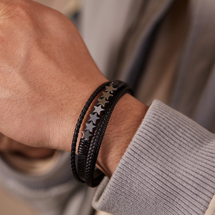 Bratara extensibila inox si piele impletita cu Stelute [12]