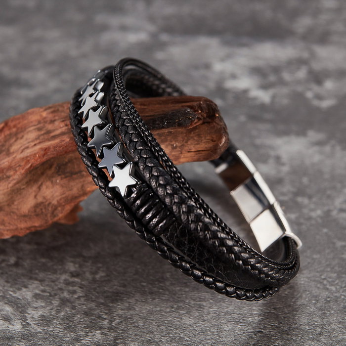 Bratara extensibila inox si piele impletita cu Stelute [14]