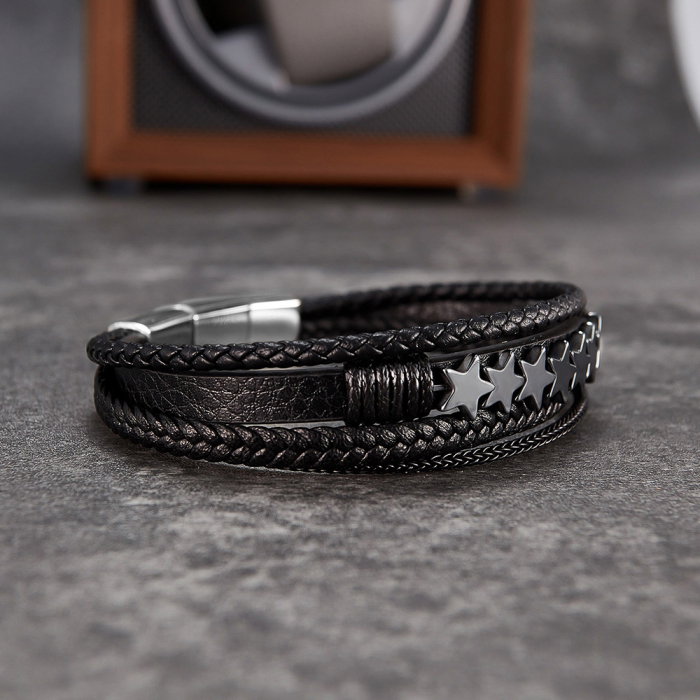Bratara extensibila inox si piele impletita cu Stelute [10]