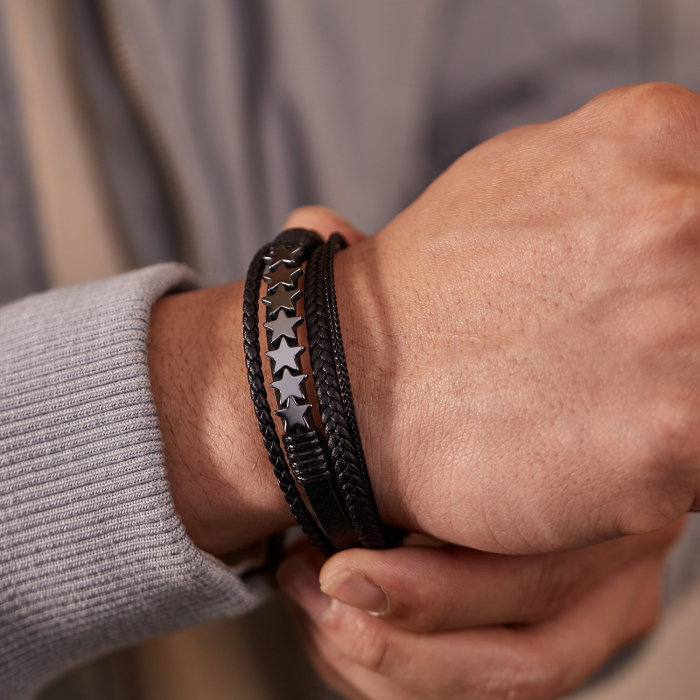 Bratara extensibila inox si piele impletita cu Stelute [8]