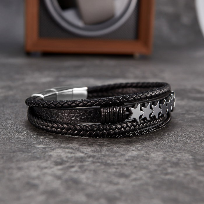 Bratara extensibila inox si piele impletita cu Stelute [11]