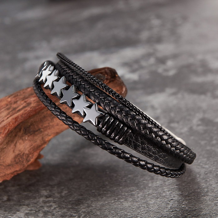 Bratara extensibila inox si piele impletita cu Stelute [6]