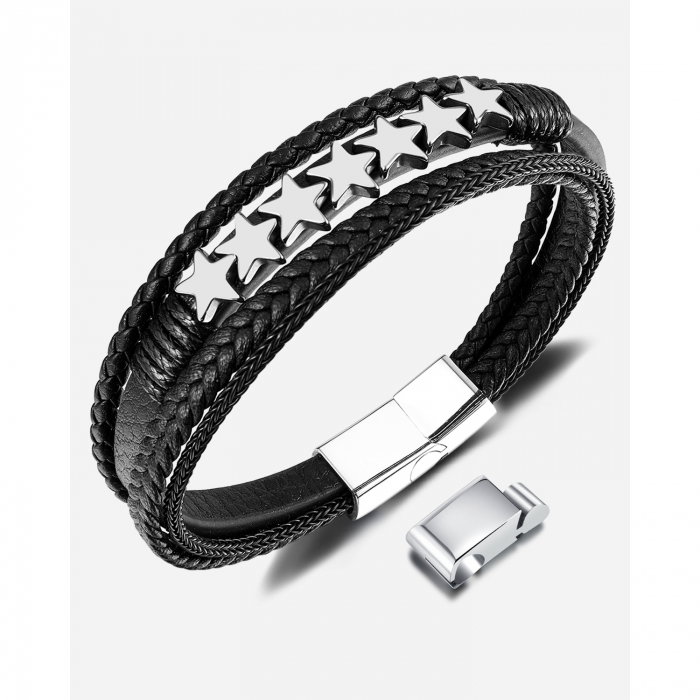 Bratara extensibila inox si piele impletita cu Stelute [15]