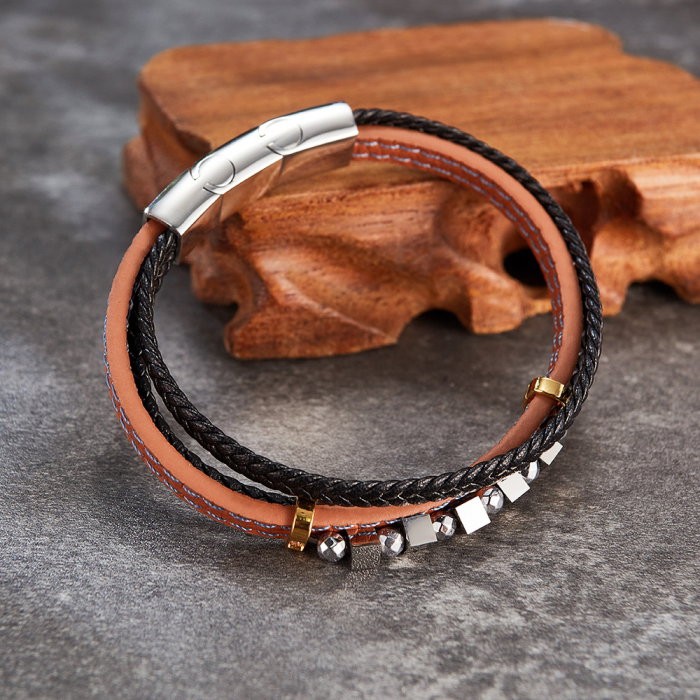 Bratara extensibila tripla inox si piele impletita Cuburi si Sfere [3]