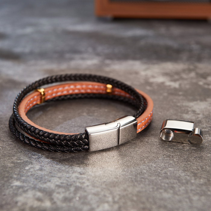 Bratara extensibila tripla inox si piele impletita Cuburi si Sfere [5]