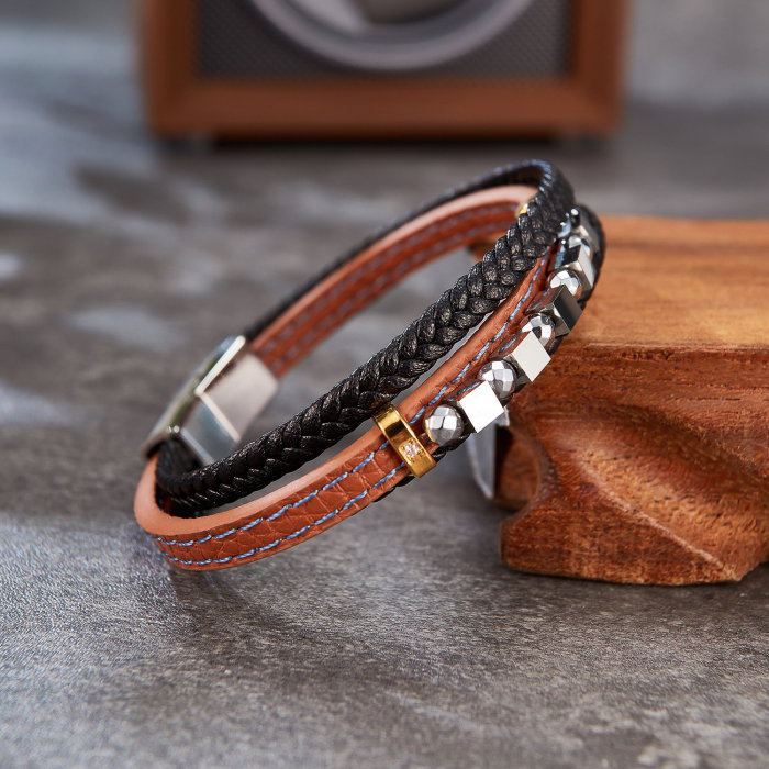 Bratara extensibila tripla inox si piele impletita Cuburi si Sfere [11]