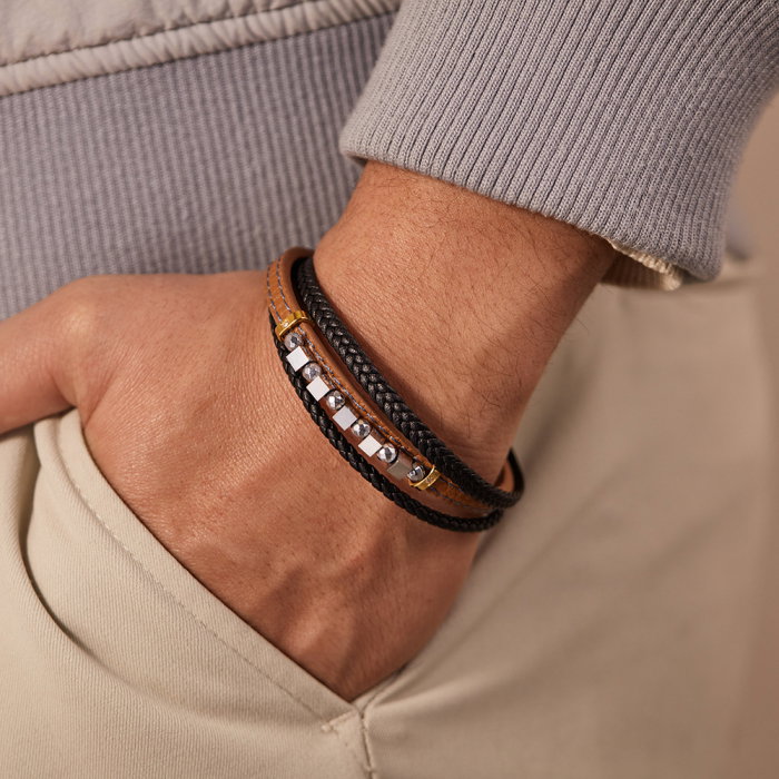 Bratara extensibila tripla inox si piele impletita Cuburi si Sfere [2]