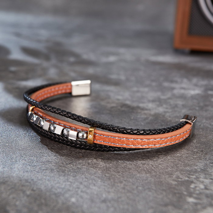 Bratara extensibila tripla inox si piele impletita Cuburi si Sfere [7]